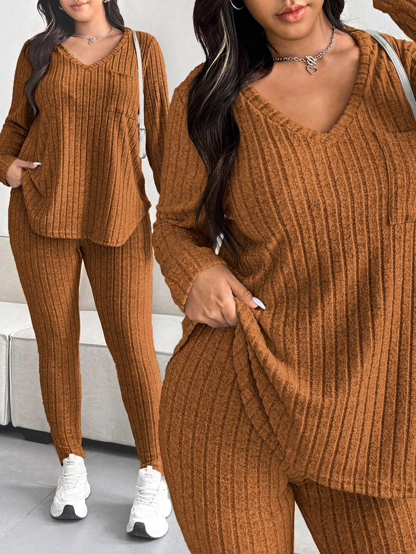 Conjunto Feminino de Blusa com Decote em V e Calça plus size Emilie.