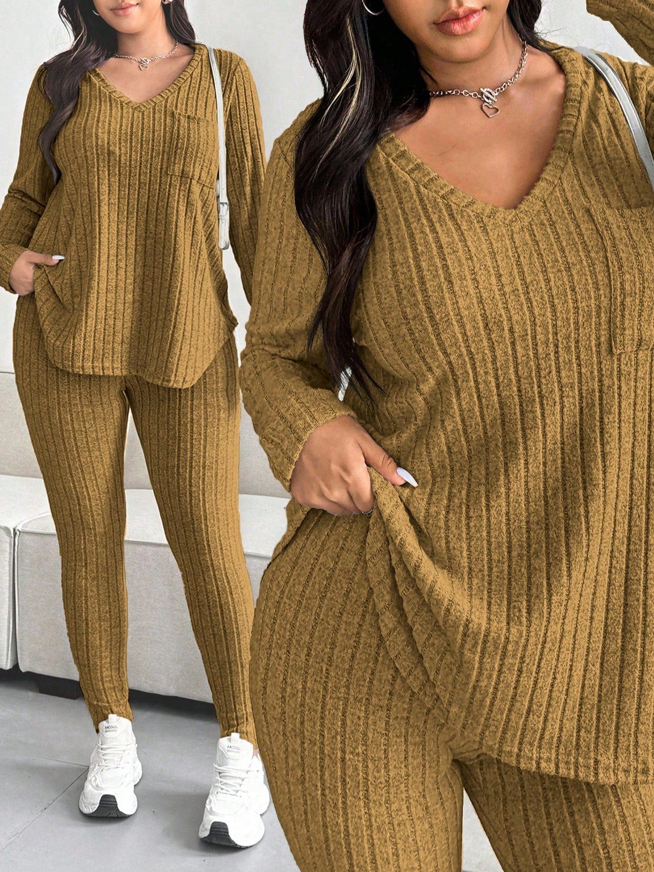 Conjunto Feminino de Blusa com Decote em V e Calça plus size Emilie.