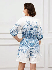 Macaquinho com estampa floral e Decote em V - Suely