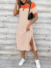 Vestido Feminino comprido manga curta com estampas listradas Miranda