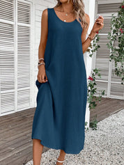 Vestido Feminino de algodão Comprido Decote U Aleska.