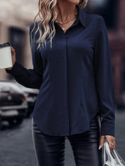 Camisa com Barra Curva e Botão Oculto, de Manga Longa - Noémie