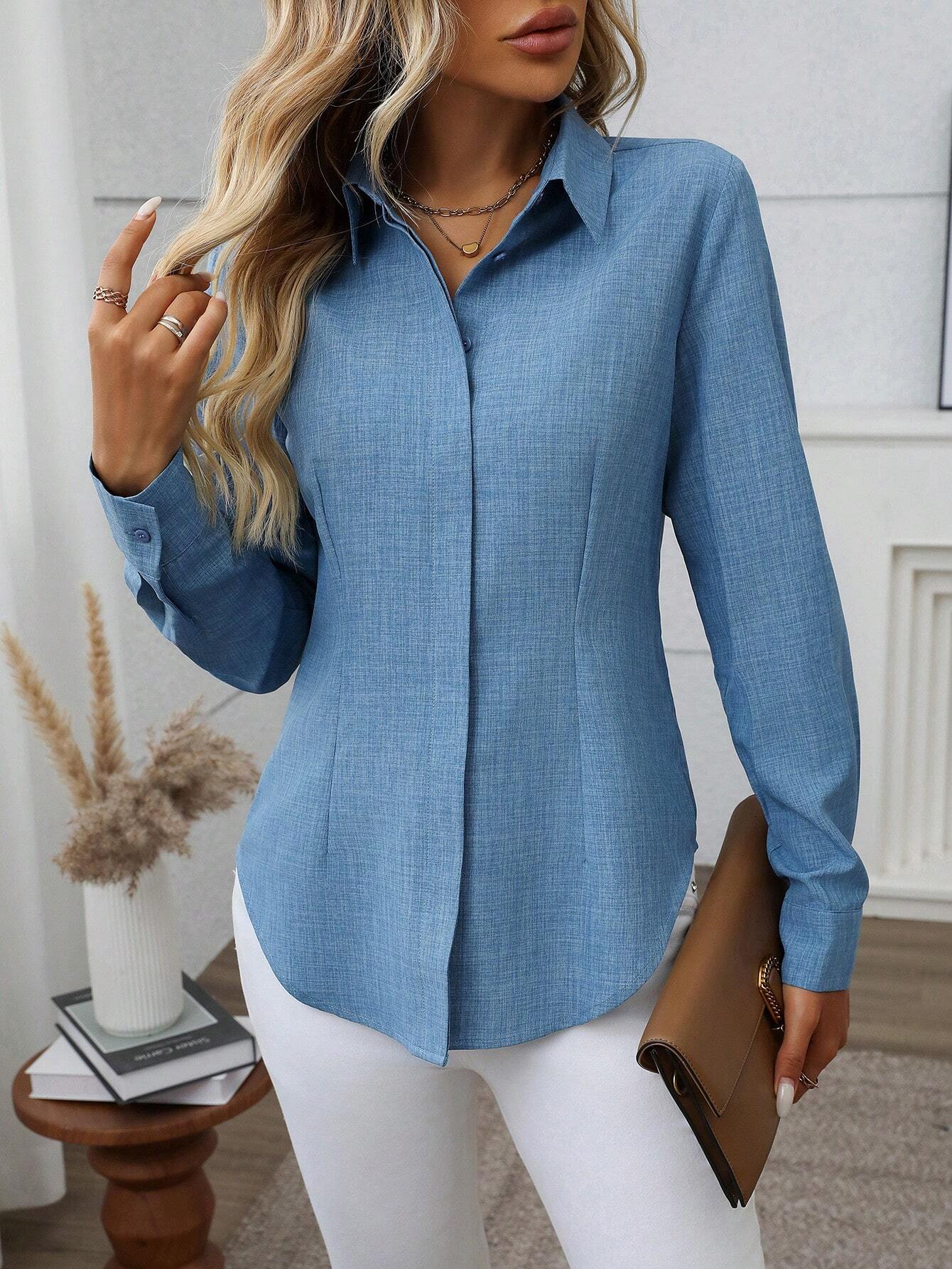 Camisa com Barra Curva e Botão Oculto, de Manga Longa - Noémie