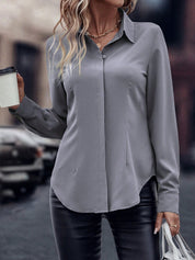 Camisa com Barra Curva e Botão Oculto, de Manga Longa - Noémie