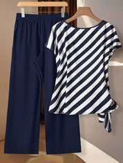 Conjunto Feminino de 2 peças com Camisa Listrada e Calça. Plus Size - Louisa