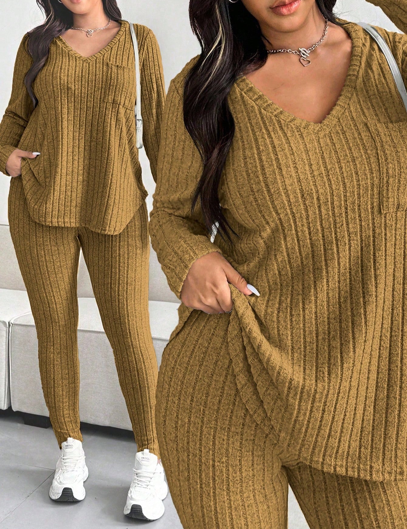 Conjunto Feminino de Blusa com Decote em V e Calça plus size Emilie.
