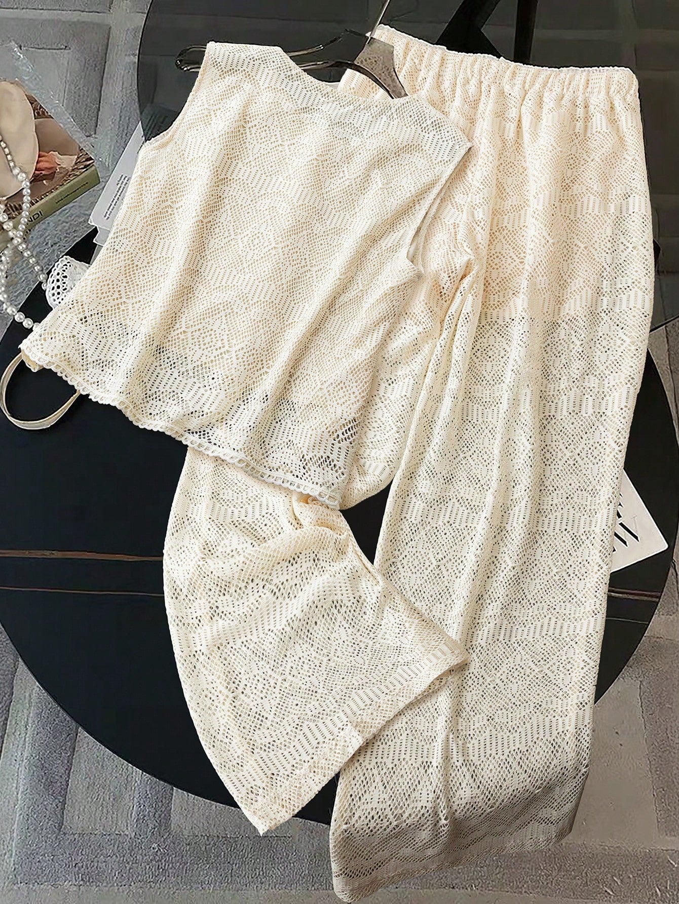 Conjunto de 2 Peças Feminino Calça larga e Top Tricotado - Celeste