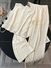 Conjunto de 2 Peças Feminino Calça larga e Top Tricotado - Celeste