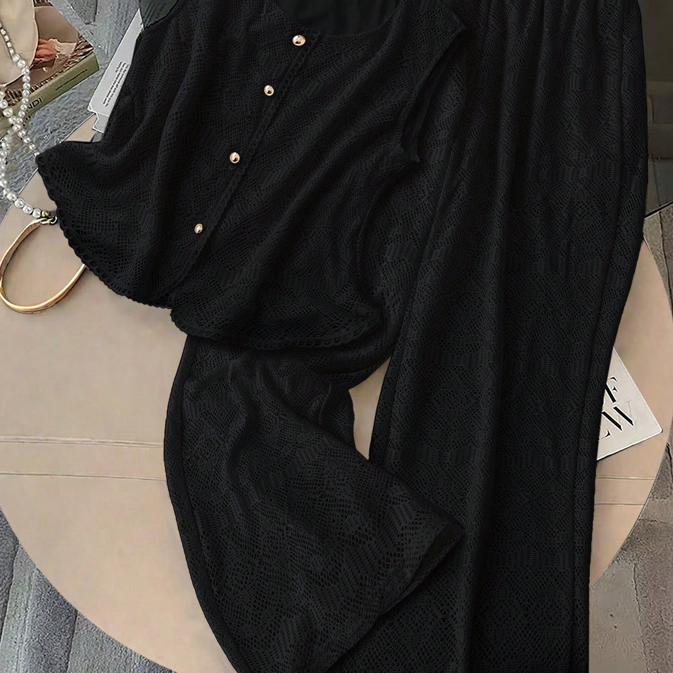 Conjunto de 2 Peças Feminino Calça larga e Top Tricotado - Celeste