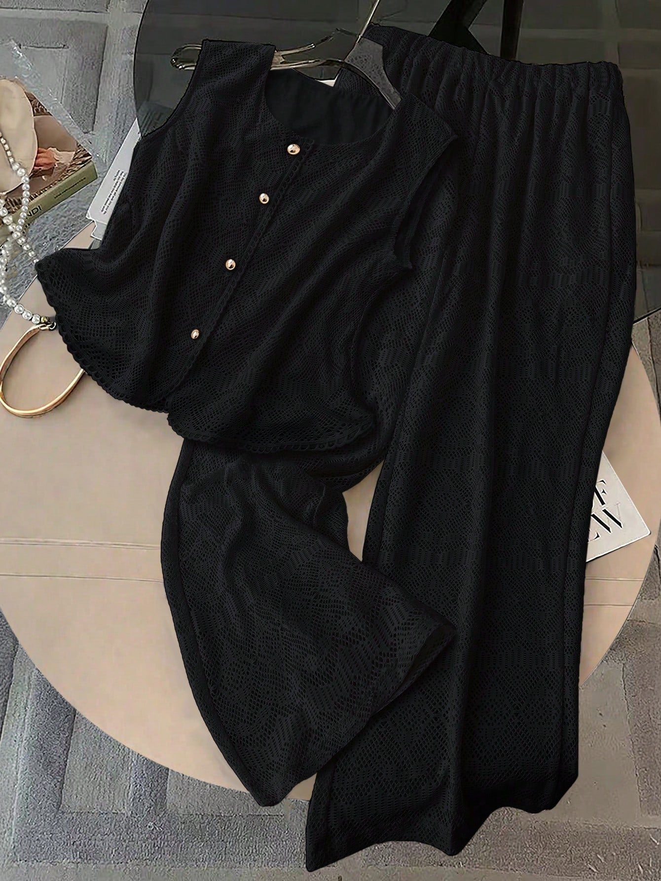 Conjunto de 2 Peças Feminino Calça larga e Top Tricotado - Celeste