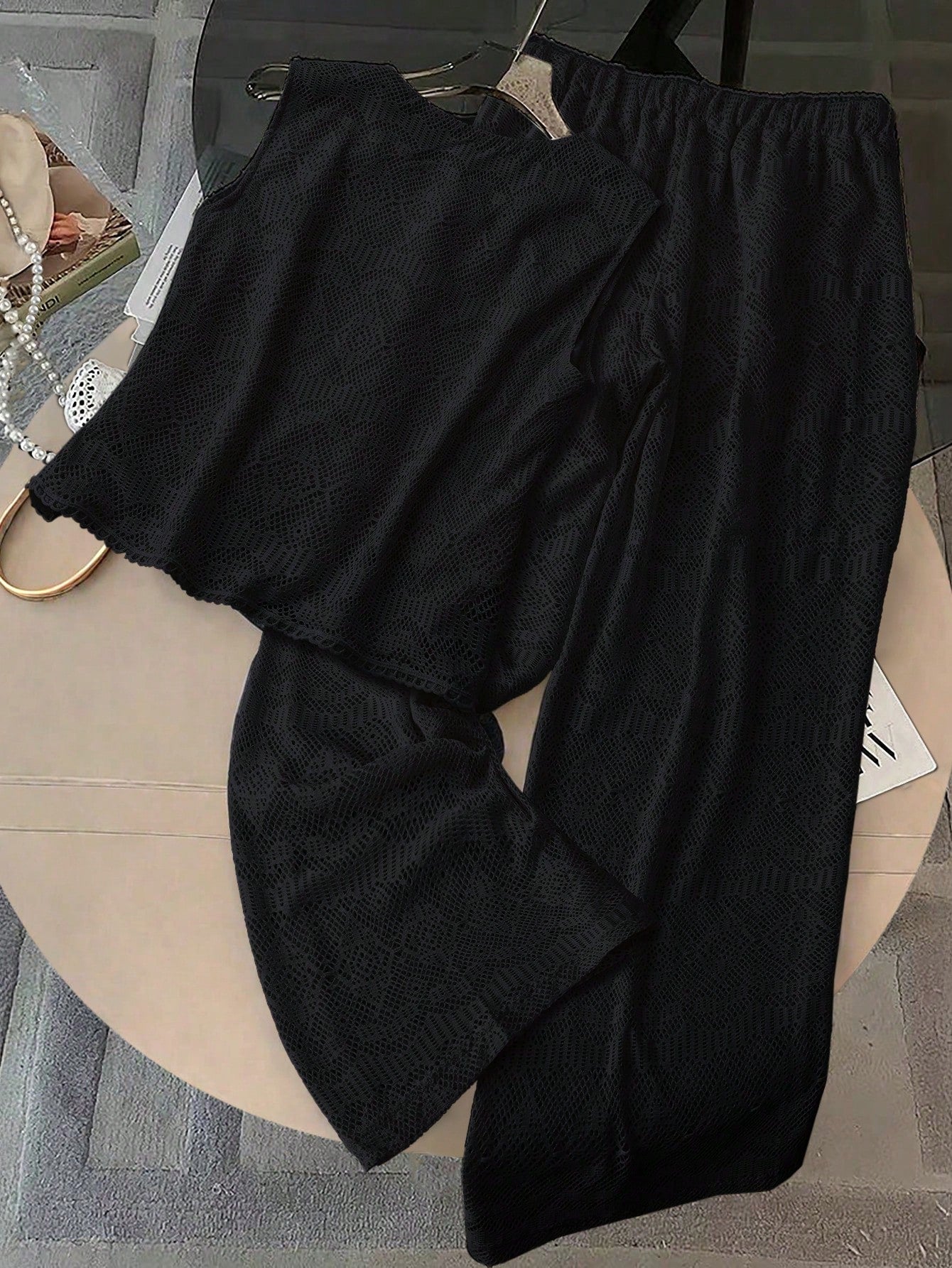 Conjunto de 2 Peças Feminino Calça larga e Top Tricotado - Celeste