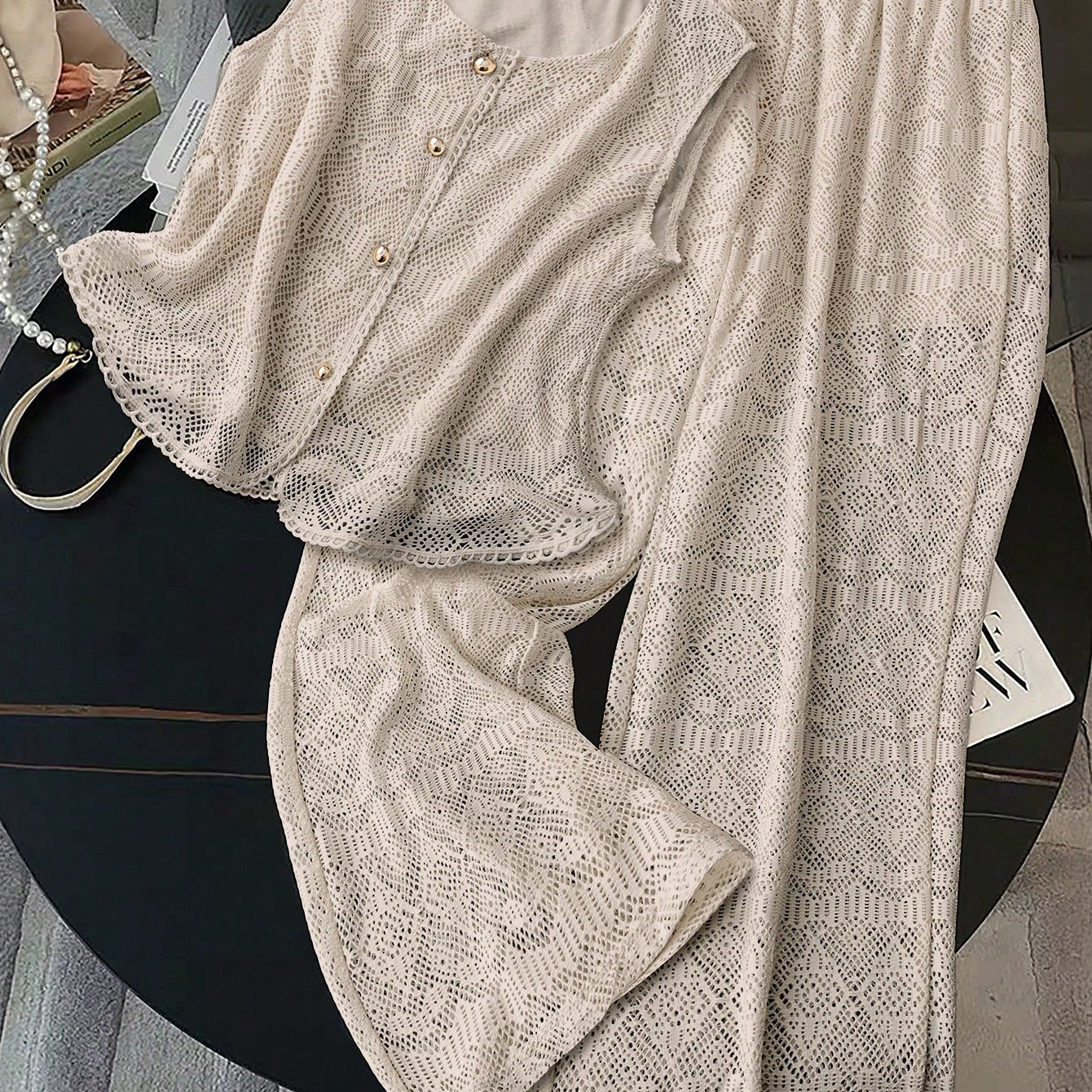 Conjunto de 2 Peças Feminino Calça larga e Top Tricotado - Celeste