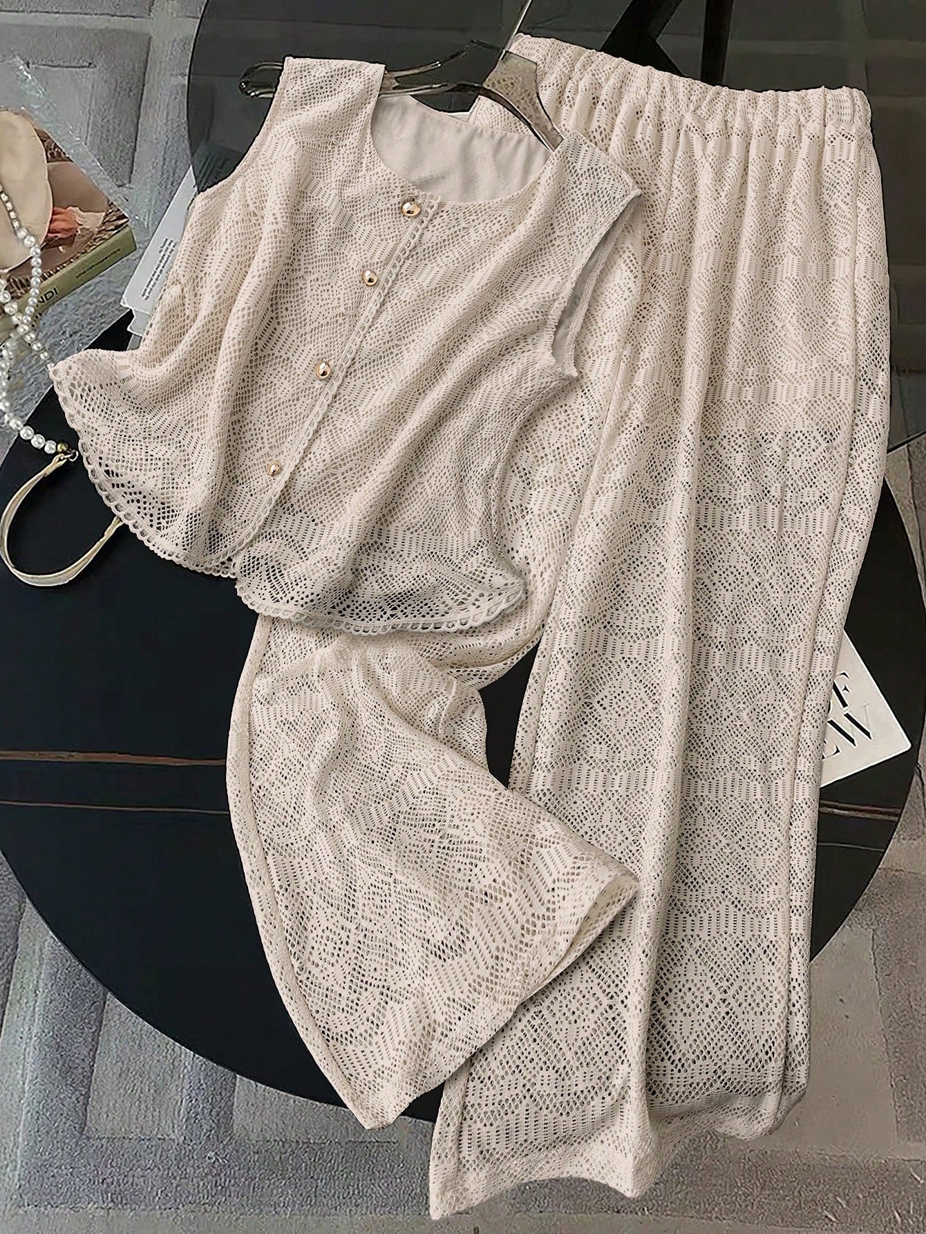 Conjunto de 2 Peças Feminino Calça larga e Top Tricotado - Celeste