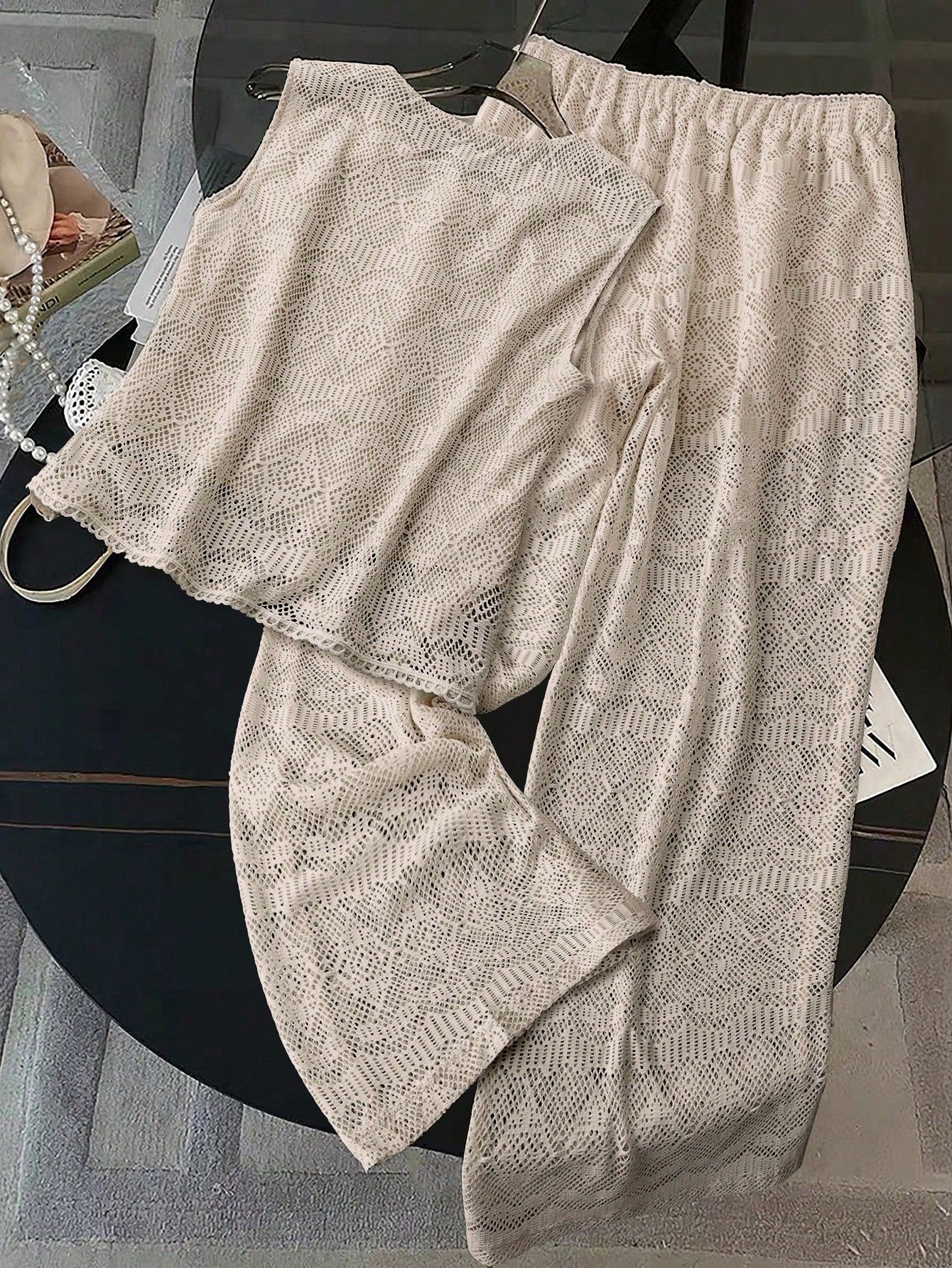 Conjunto de 2 Peças Feminino Calça larga e Top Tricotado - Celeste