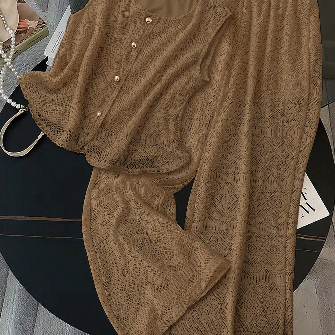 Conjunto de 2 Peças Feminino Calça larga e Top Tricotado - Celeste