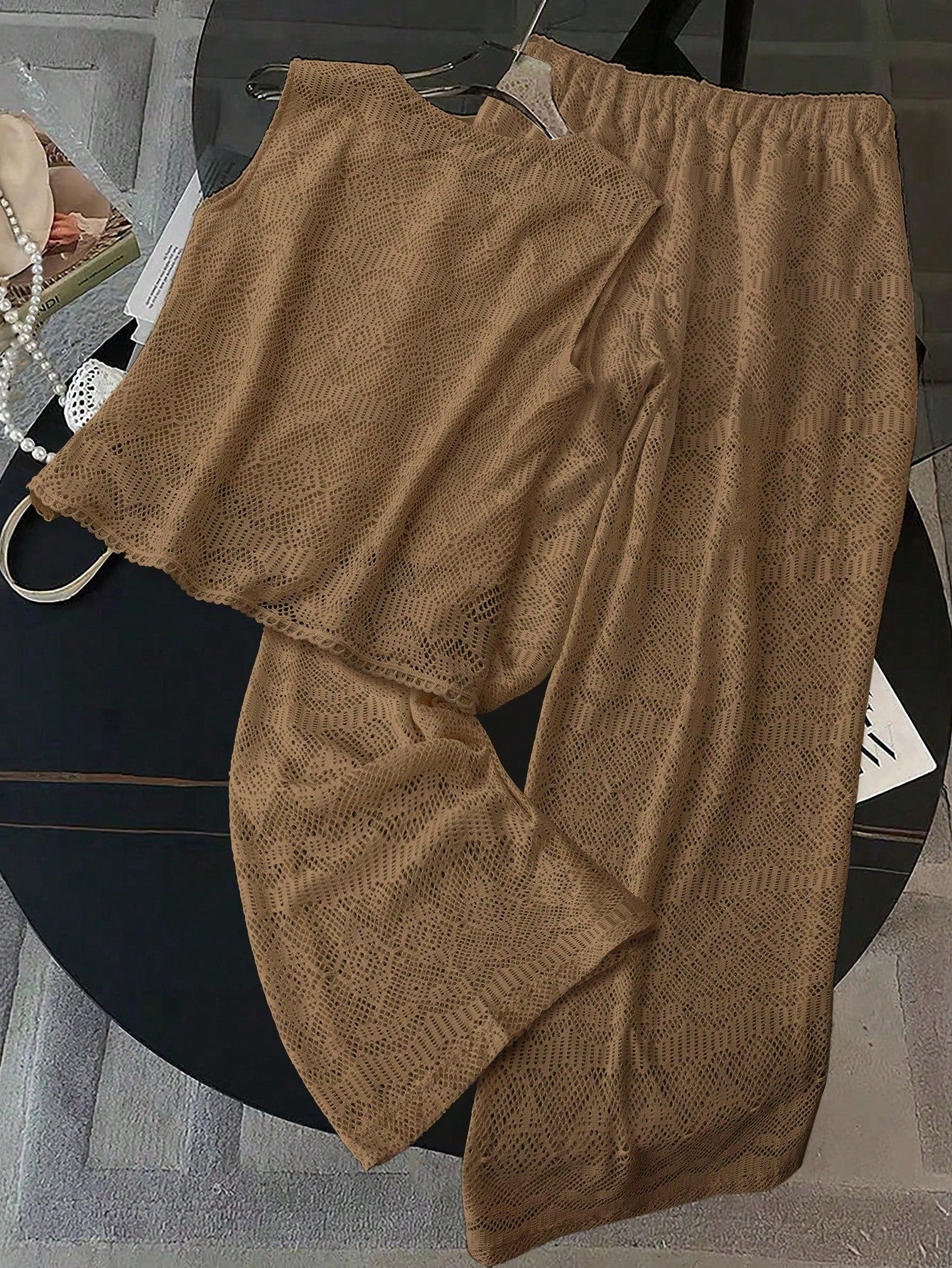 Conjunto de 2 Peças Feminino Calça larga e Top Tricotado - Celeste