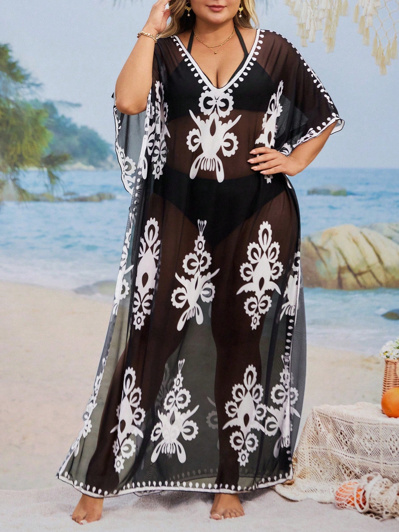 Saída de Praia Feminina Folgada Estampada. Plus Size - Hanny