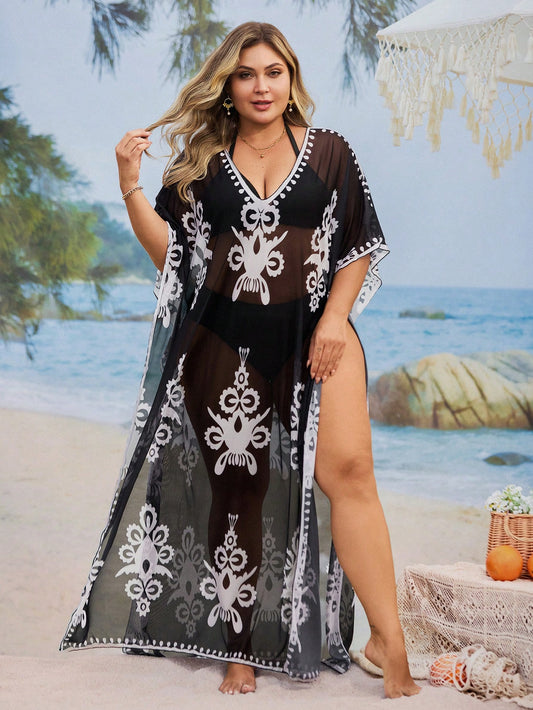 Saída de Praia Feminina Folgada Estampada. Plus Size - Hanny