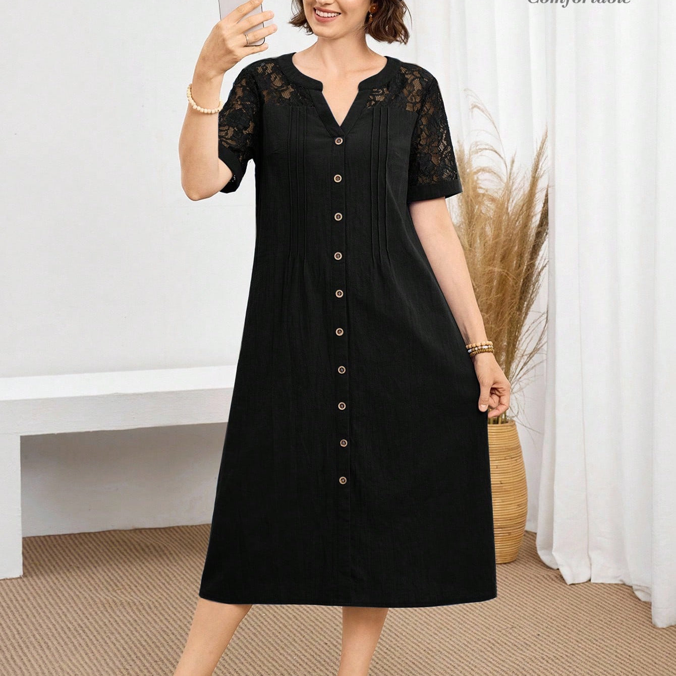 Vestido Feminino Decote em V em Renda - Gergia