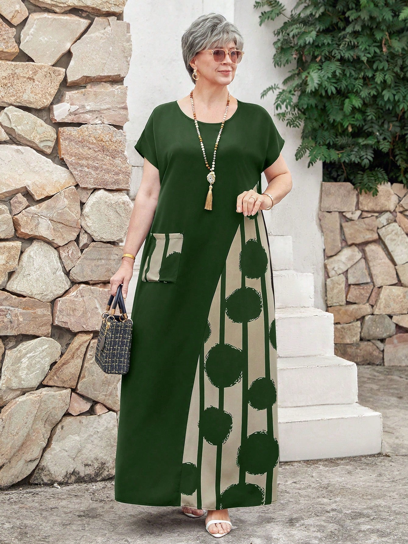 Vestido Feminino Longo em Contraste de Cores - Dinamar. Plus Size