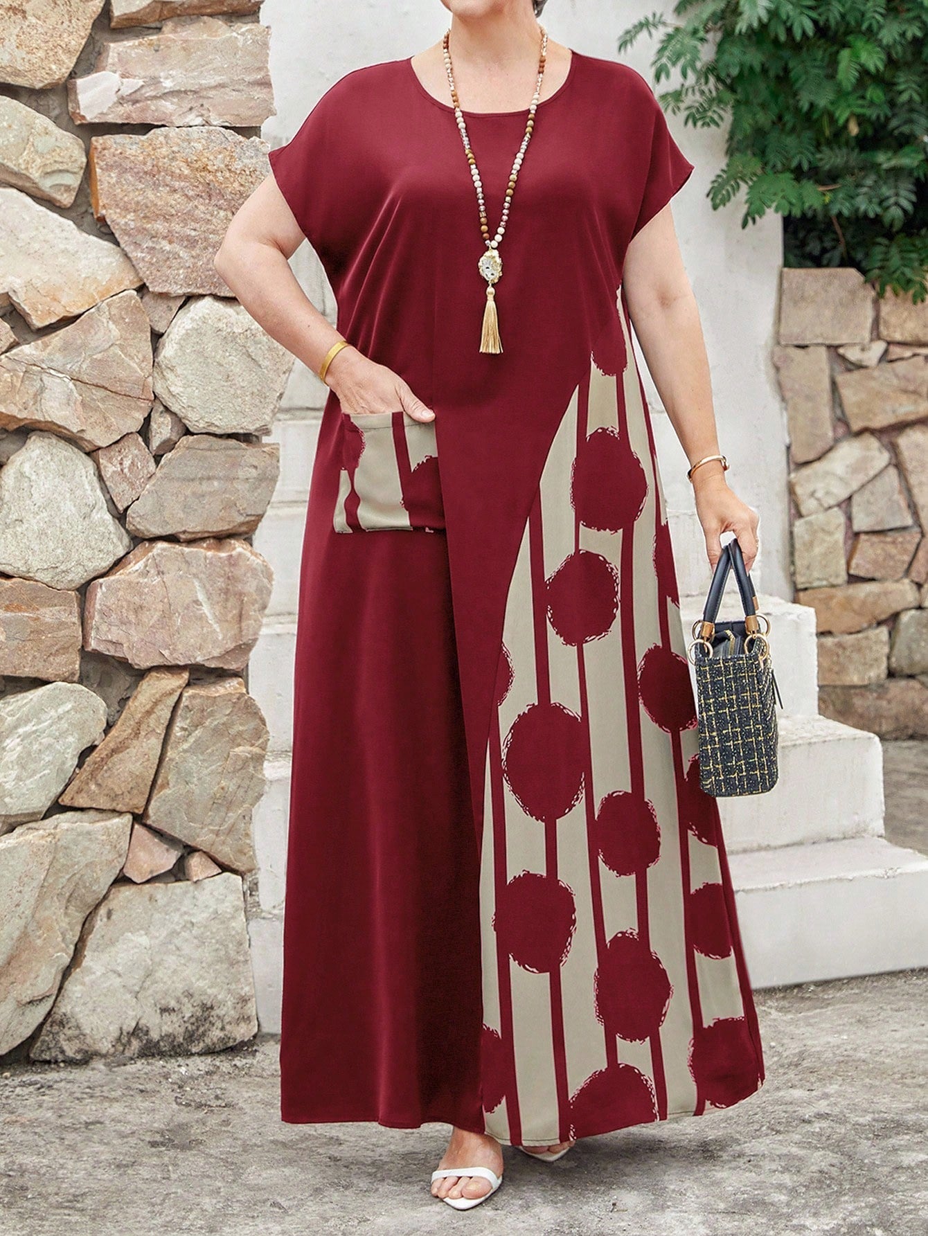 Vestido Feminino Longo em Contraste de Cores - Dinamar. Plus Size