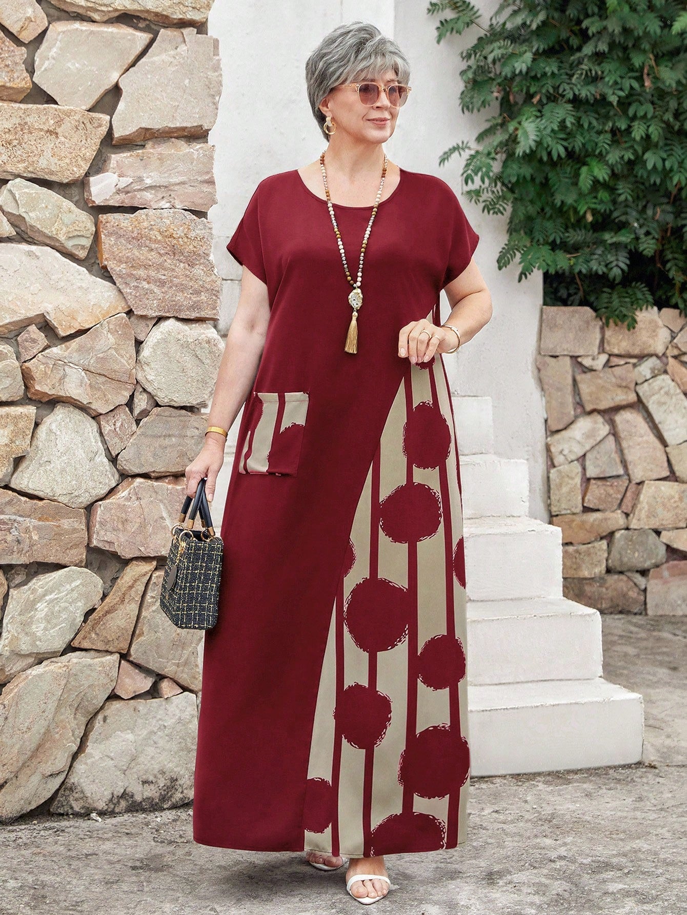 Vestido Feminino Longo em Contraste de Cores - Dinamar. Plus Size