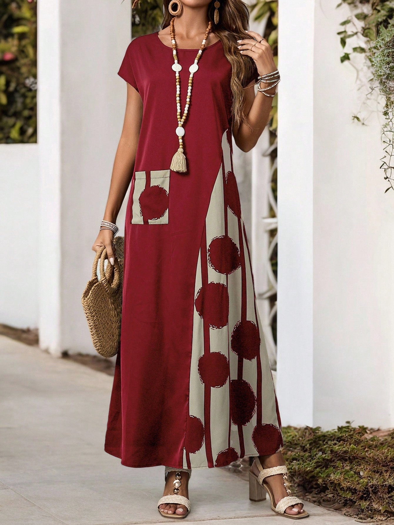 Vestido Feminino Longo em Contraste de Cores - Dinamar. Plus Size