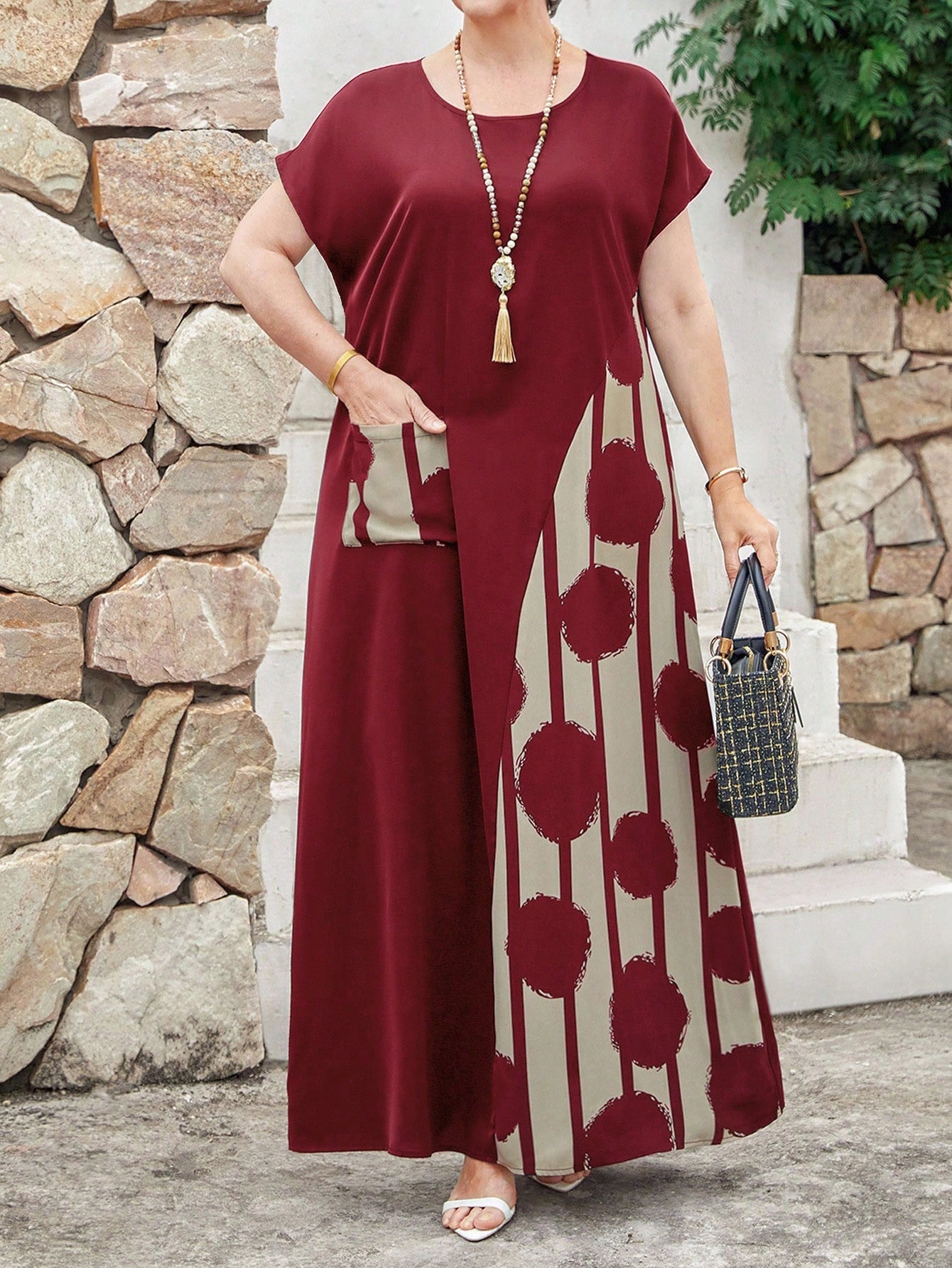 Vestido Feminino Longo em Contraste de Cores - Dinamar. Plus Size