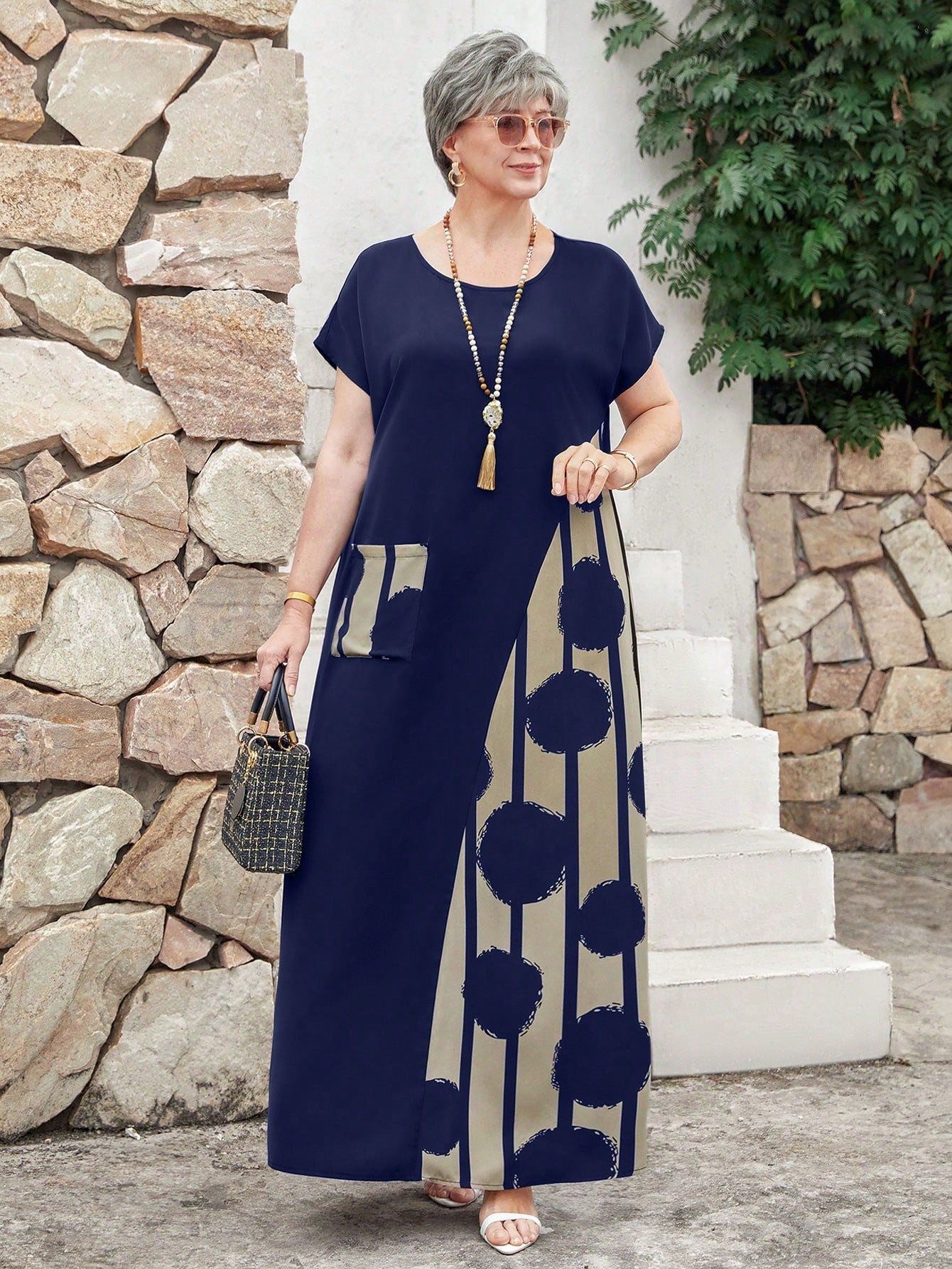 Vestido Feminino Longo em Contraste de Cores - Dinamar. Plus Size