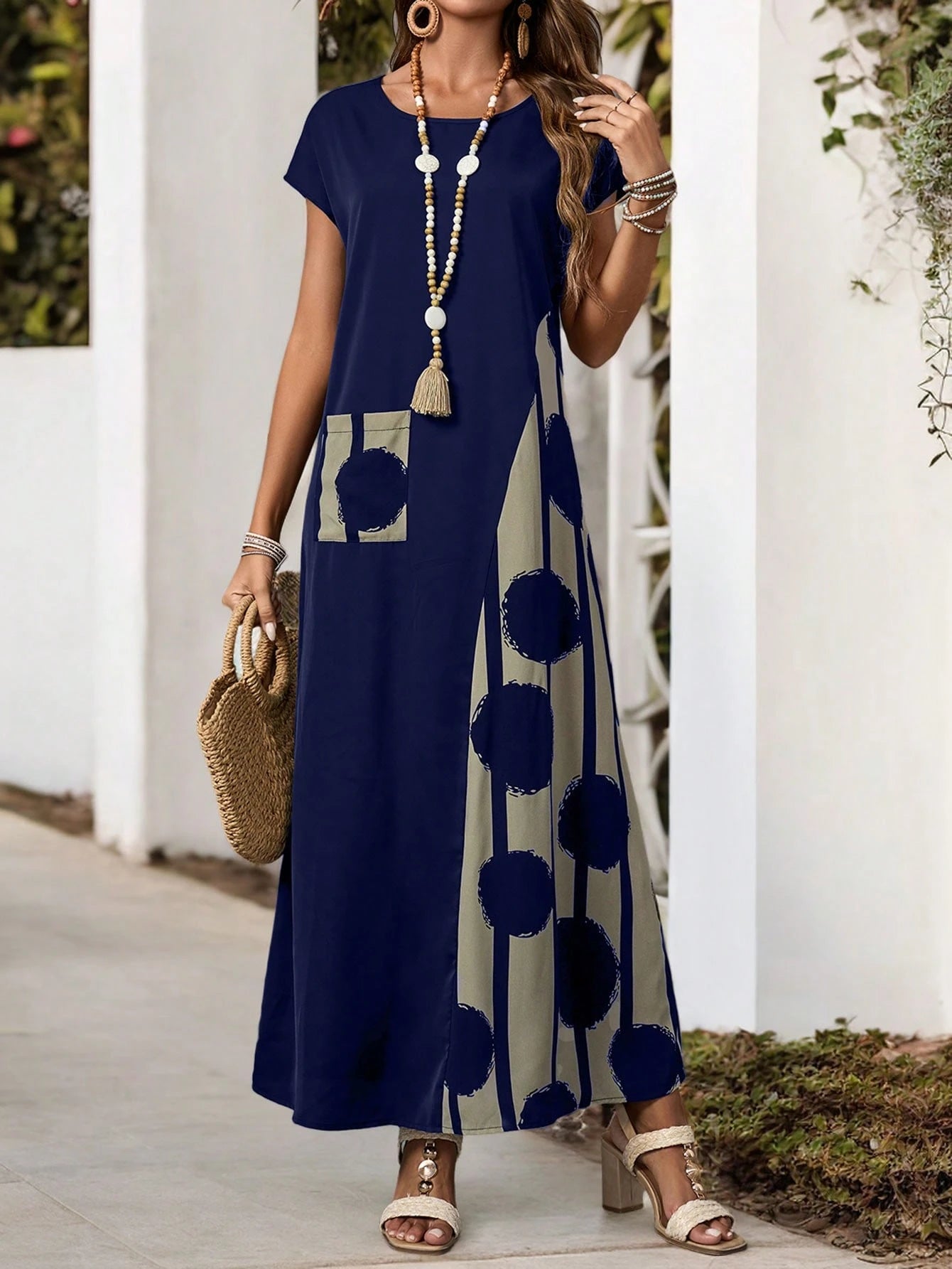 Vestido Feminino Longo em Contraste de Cores - Dinamar. Plus Size