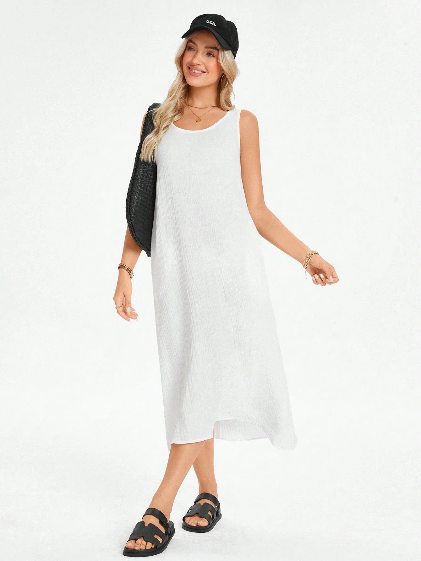 Vestido Feminino de algodão Comprido Decote U Aleska.