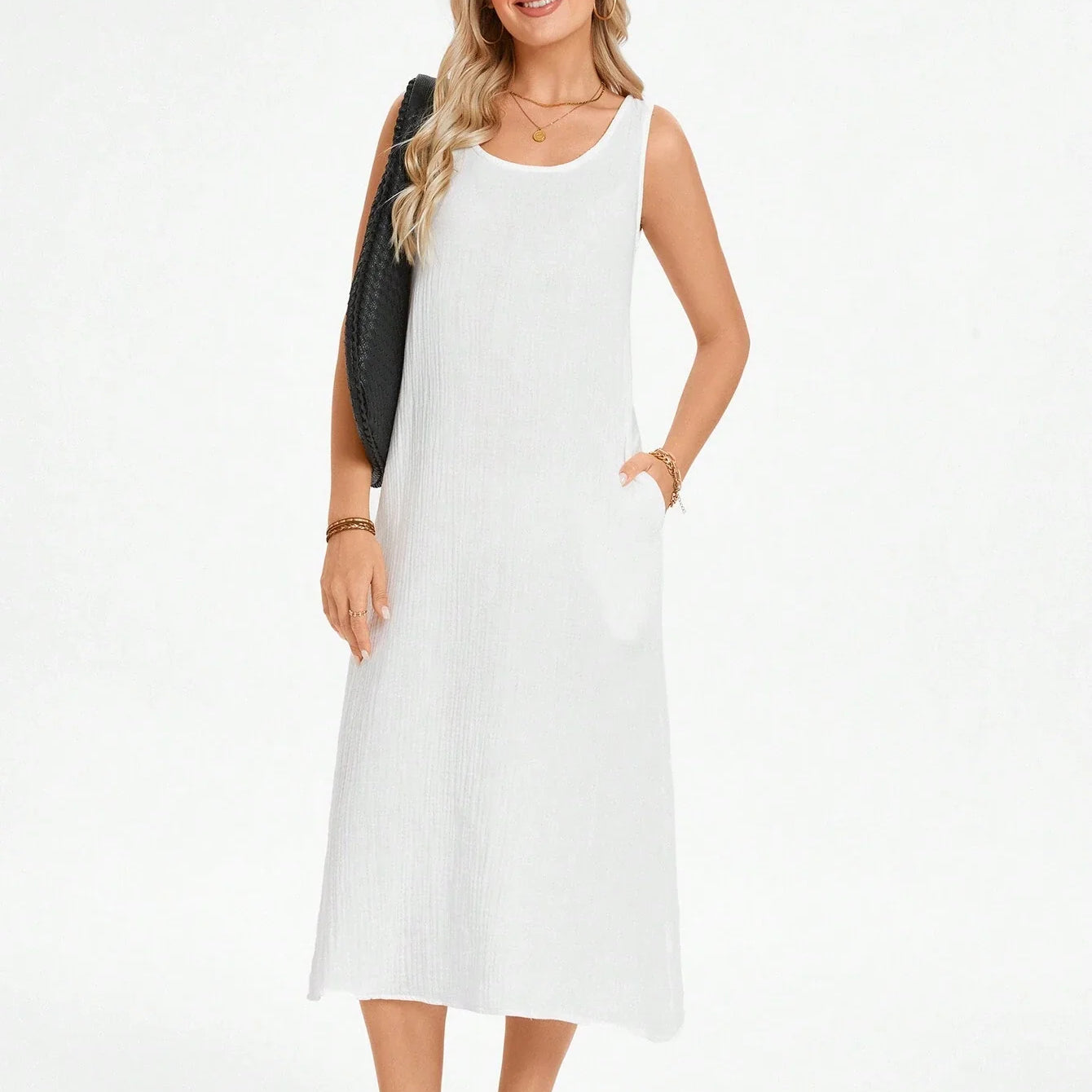 Vestido Feminino de algodão Comprido Decote U Aleska.