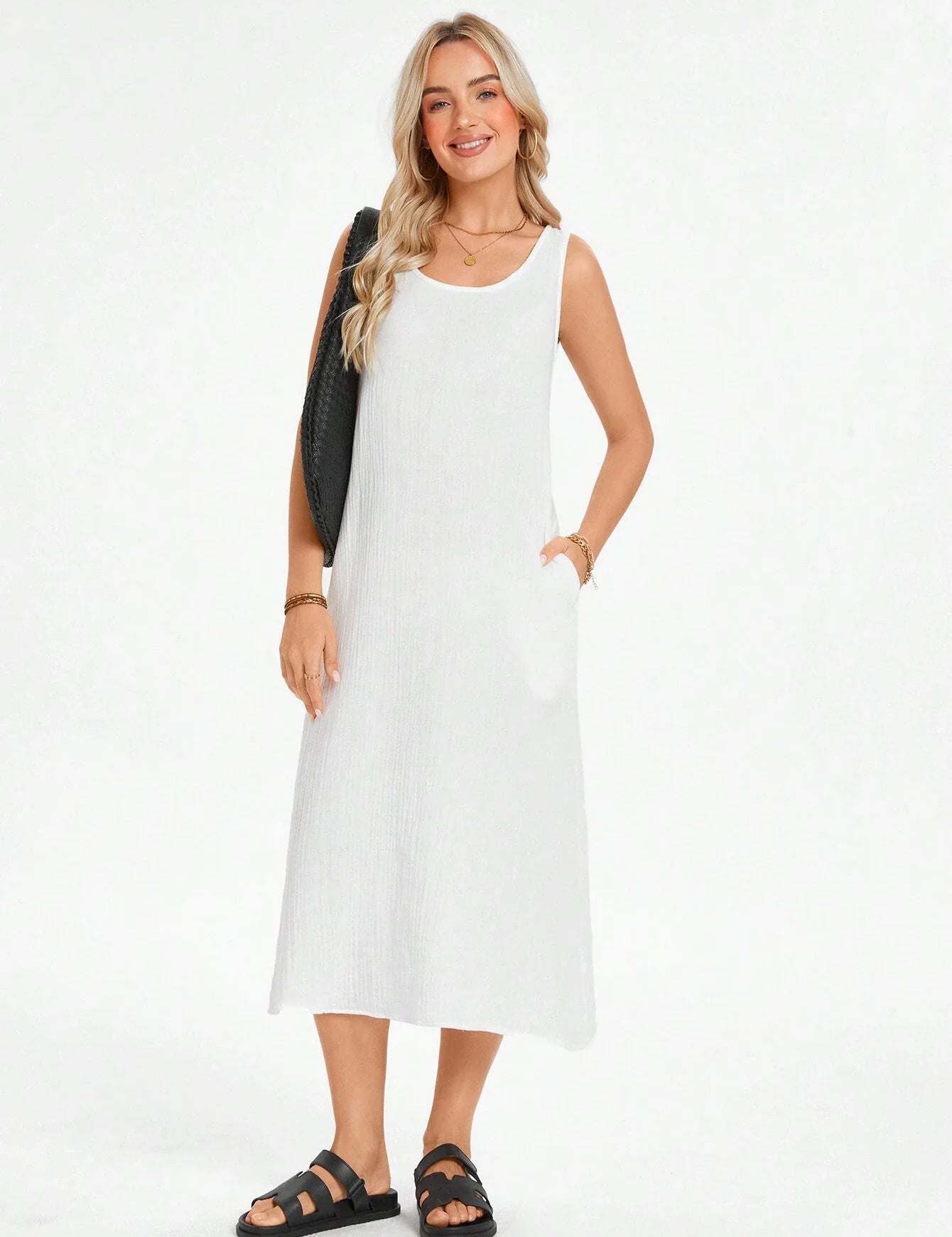Vestido Feminino de algodão Comprido Decote U Aleska.