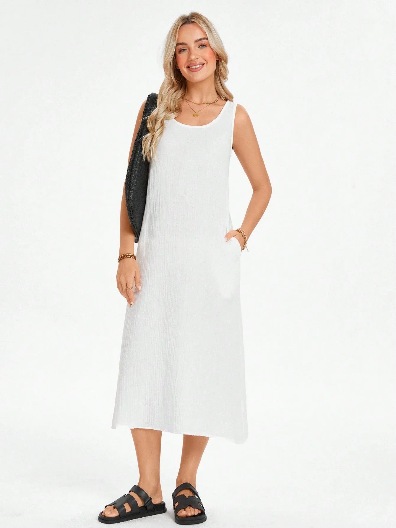 Vestido Feminino de algodão Comprido Decote U Aleska.