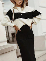 Conjunto Feminino de 2 peças Suéter Elegante e saia de Tricô Renata