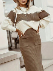 Conjunto Feminino de 2 peças Suéter Elegante e saia de Tricô Renata