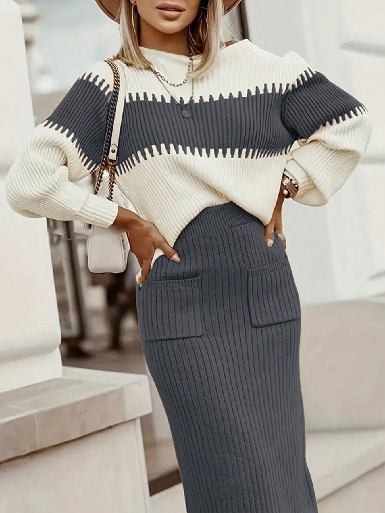 Conjunto Feminino de 2 peças Suéter Elegante e saia de Tricô Renata