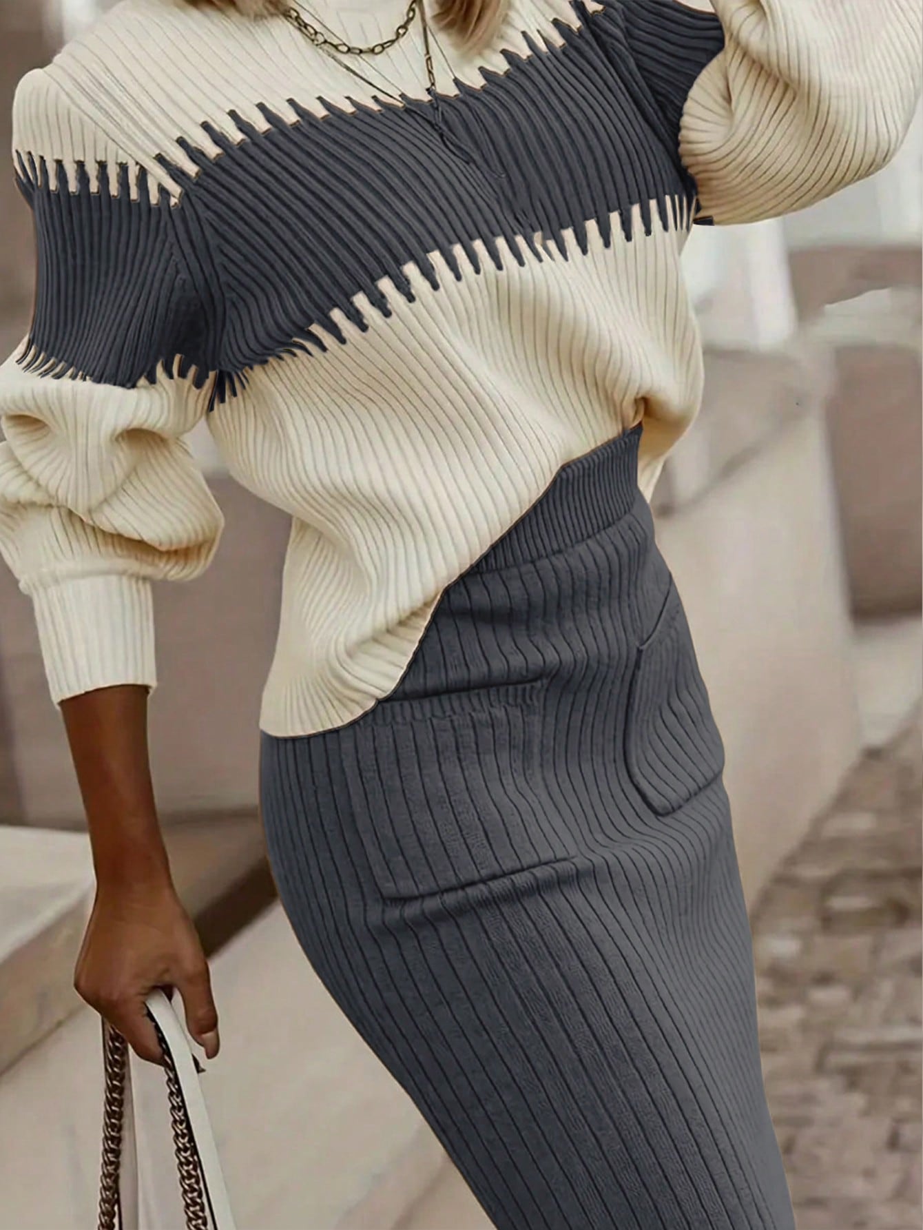 Conjunto Feminino de 2 peças Suéter Elegante e saia de Tricô Renata