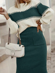 Conjunto Feminino de 2 peças Suéter Elegante e saia de Tricô Renata