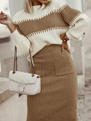 Conjunto Feminino de 2 peças Suéter Elegante e saia de Tricô Renata